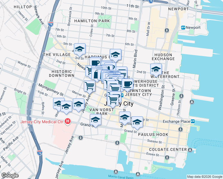map of restaurants, bars, coffee shops, grocery stores, and more near 143 Newark Avenue in Jersey City