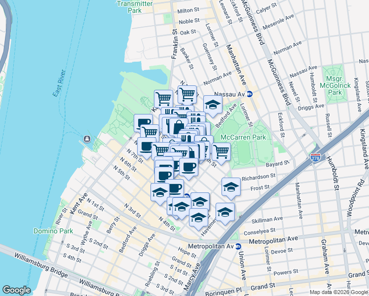 map of restaurants, bars, coffee shops, grocery stores, and more near 125 North 10th Street in New York