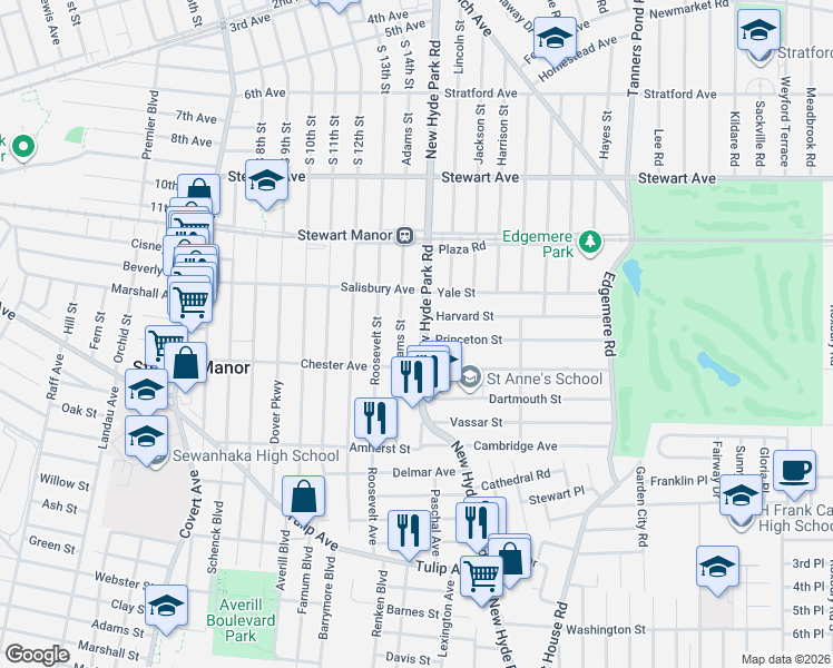 map of restaurants, bars, coffee shops, grocery stores, and more near 116 New Hyde Park Road in Garden City
