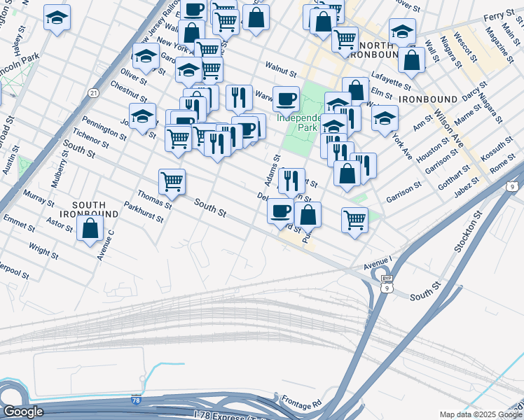 map of restaurants, bars, coffee shops, grocery stores, and more near 117 Delancy Street in Newark