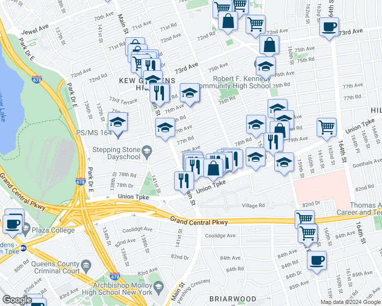 map of restaurants, bars, coffee shops, grocery stores, and more near 14432 78th Avenue in Queens