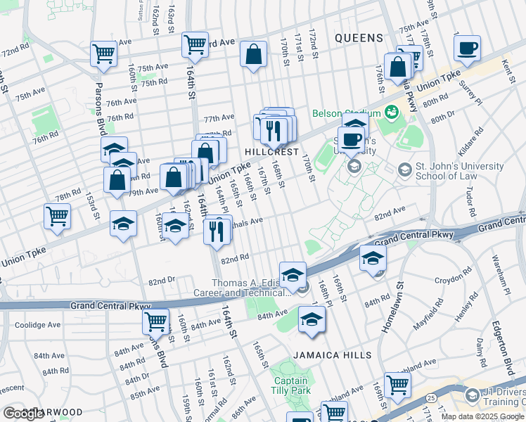 map of restaurants, bars, coffee shops, grocery stores, and more near 81-35 166th Street in Queens