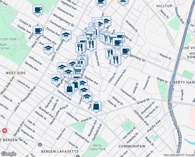 map of restaurants, bars, coffee shops, grocery stores, and more near 35 Jewett Avenue in Jersey City