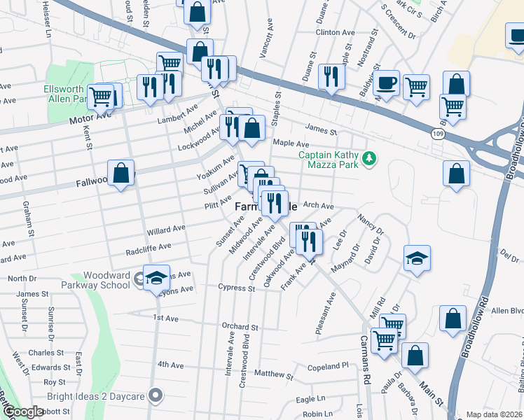 map of restaurants, bars, coffee shops, grocery stores, and more near in South Farmingdale