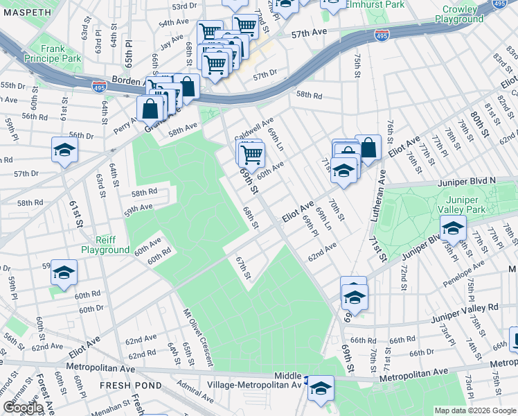 map of restaurants, bars, coffee shops, grocery stores, and more near 60-45 69th Street in Queens