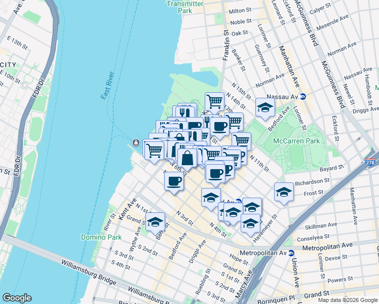 map of restaurants, bars, coffee shops, grocery stores, and more near in Brooklyn