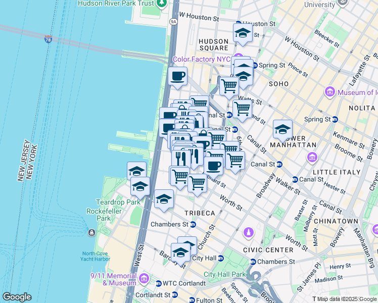 map of restaurants, bars, coffee shops, grocery stores, and more near 397 Greenwich Street in New York