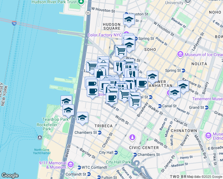 map of restaurants, bars, coffee shops, grocery stores, and more near 14 Ericsson Place in New York