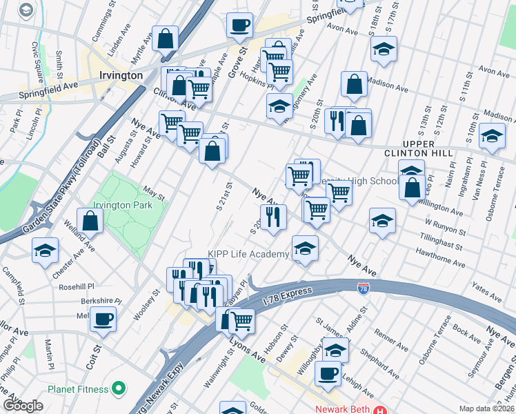 map of restaurants, bars, coffee shops, grocery stores, and more near 302 Nye Avenue in Irvington