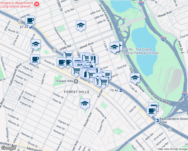 map of restaurants, bars, coffee shops, grocery stores, and more near 109-10 Queens Boulevard in Queens