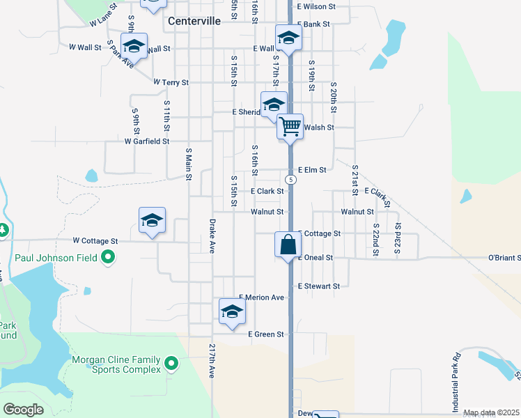 map of restaurants, bars, coffee shops, grocery stores, and more near 501-639 Walnut Street in Centerville