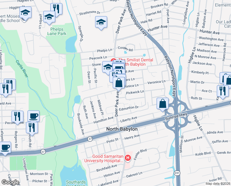 map of restaurants, bars, coffee shops, grocery stores, and more near 11 Brookside Avenue in North Babylon