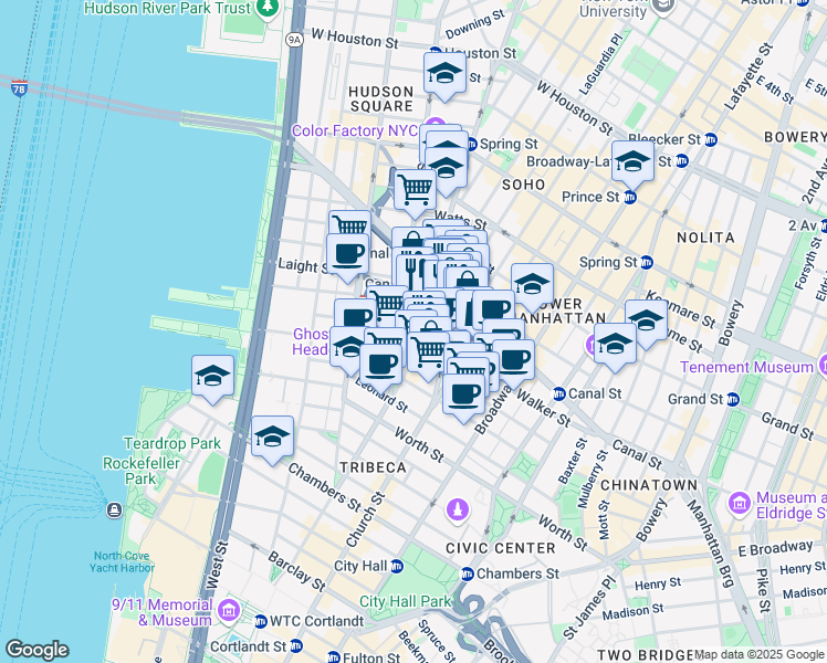 map of restaurants, bars, coffee shops, grocery stores, and more near 47 6th Avenue in New York