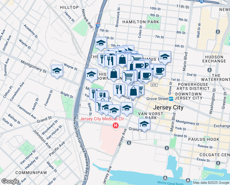 map of restaurants, bars, coffee shops, grocery stores, and more near Mercer Street in Jersey City