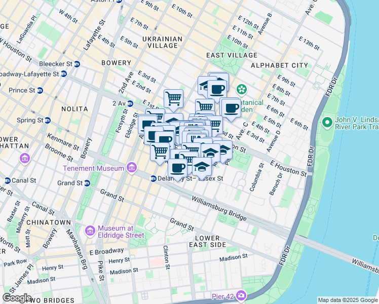 map of restaurants, bars, coffee shops, grocery stores, and more near 153 Stanton Street in New York