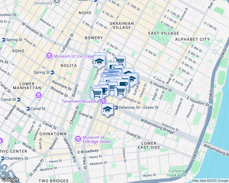 map of restaurants, bars, coffee shops, grocery stores, and more near 143 Ludlow Street in New York