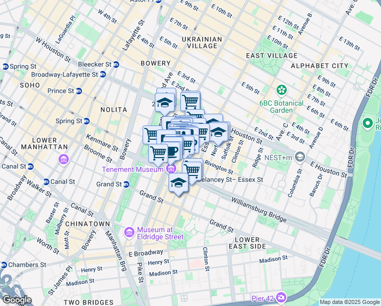 map of restaurants, bars, coffee shops, grocery stores, and more near 143 Ludlow Street in New York