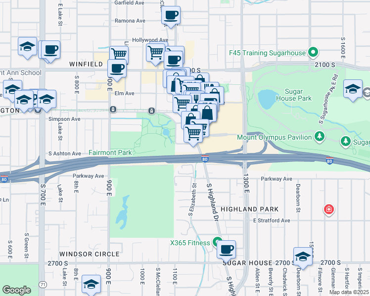 map of restaurants, bars, coffee shops, grocery stores, and more near 1132 South Ashton Avenue in Salt Lake City