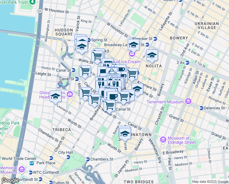 map of restaurants, bars, coffee shops, grocery stores, and more near in New York