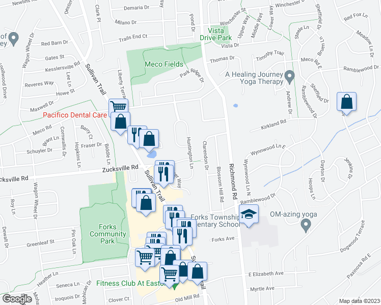 map of restaurants, bars, coffee shops, grocery stores, and more near 2082 Huntington Lane in Easton