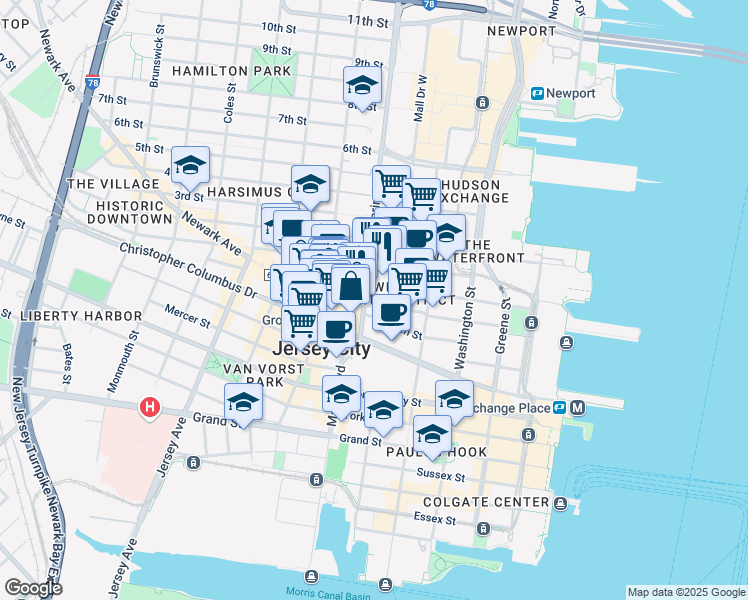 map of restaurants, bars, coffee shops, grocery stores, and more near 160 Morgan Street in Jersey City