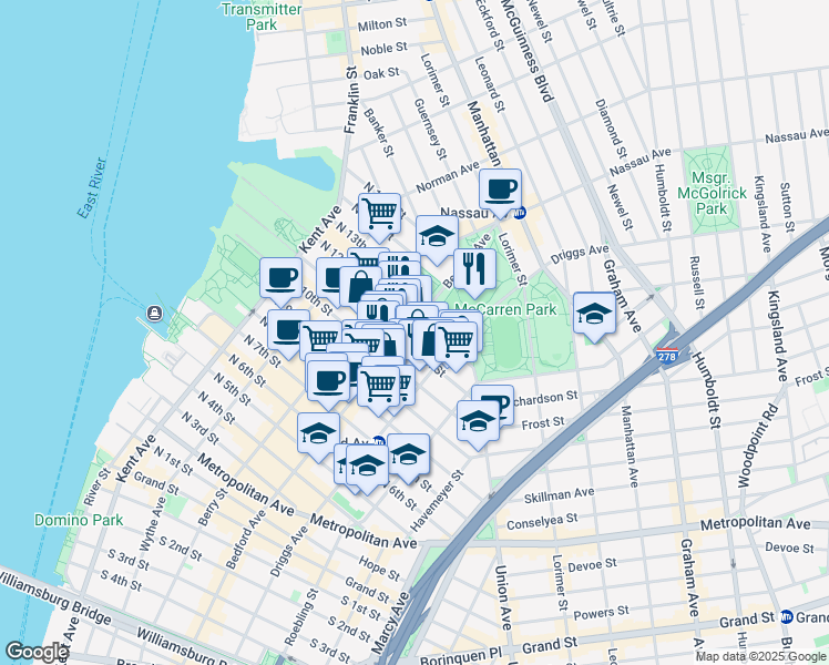 map of restaurants, bars, coffee shops, grocery stores, and more near 91 North 12th Street in Brooklyn