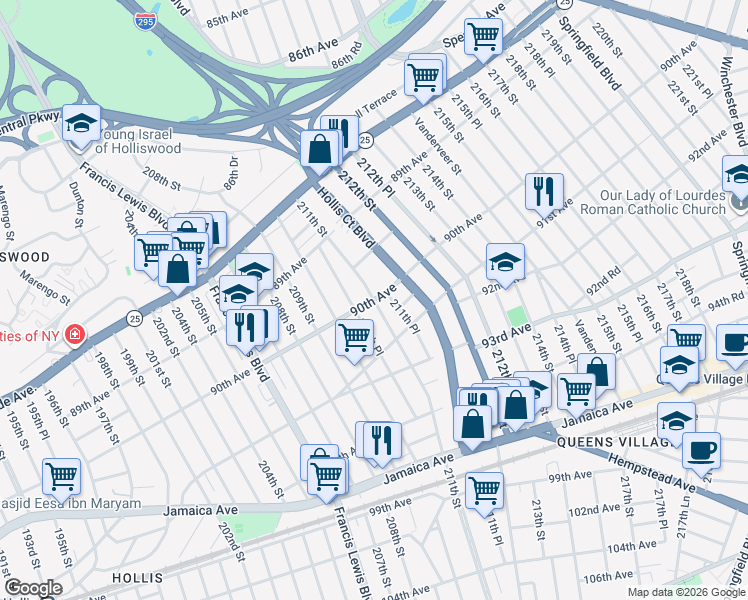 map of restaurants, bars, coffee shops, grocery stores, and more near 90th Ave & 211th St in Queens