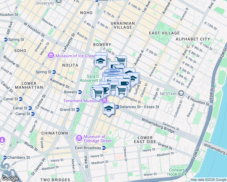 map of restaurants, bars, coffee shops, grocery stores, and more near 143 Ludlow Street in New York