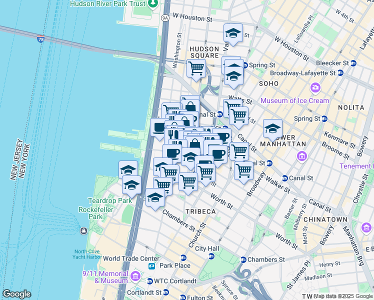 map of restaurants, bars, coffee shops, grocery stores, and more near 129w Hudson Street in New York