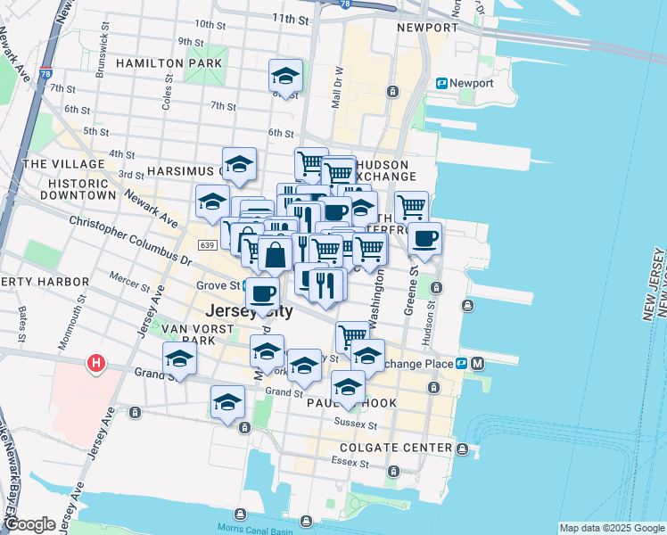 map of restaurants, bars, coffee shops, grocery stores, and more near 124 Bay Street in Jersey City