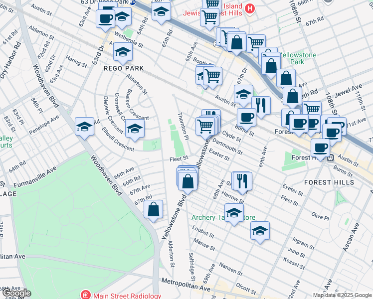 map of restaurants, bars, coffee shops, grocery stores, and more near 67-50 Thornton Place in Queens