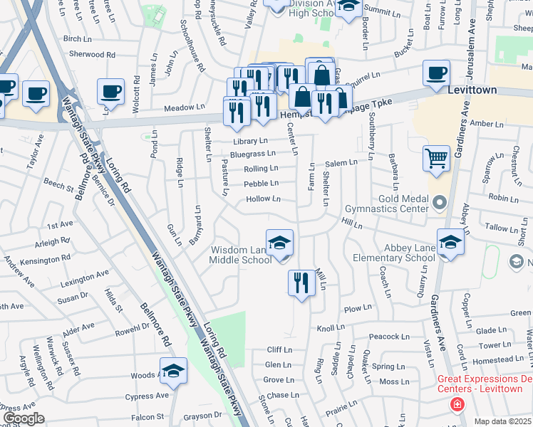 map of restaurants, bars, coffee shops, grocery stores, and more near Shelter Lane in Levittown
