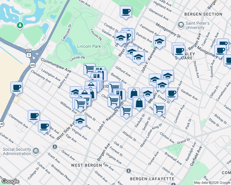map of restaurants, bars, coffee shops, grocery stores, and more near 245 Harrison Avenue in Jersey City