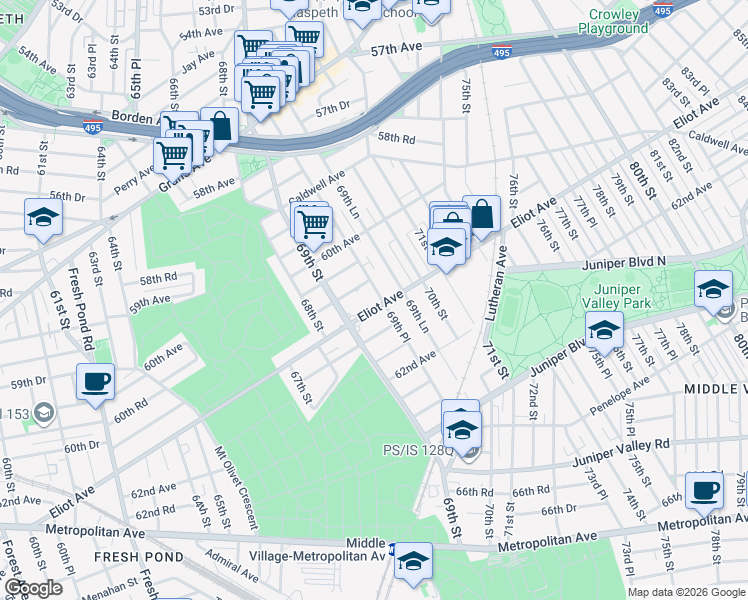 map of restaurants, bars, coffee shops, grocery stores, and more near 60-72 69th Place in Queens