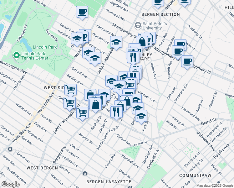 map of restaurants, bars, coffee shops, grocery stores, and more near 590 Bergen Avenue in Jersey City