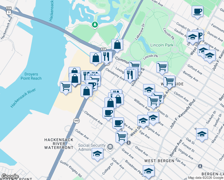 map of restaurants, bars, coffee shops, grocery stores, and more near 131 Williams Avenue in Jersey City