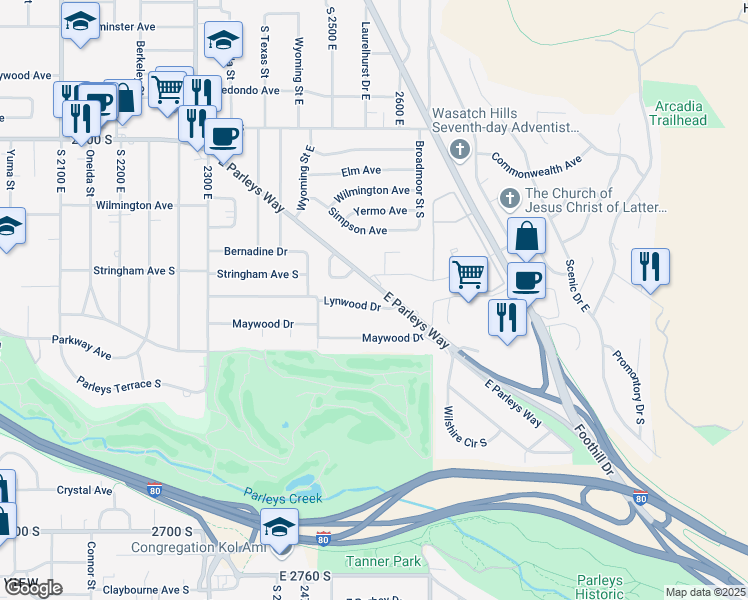 map of restaurants, bars, coffee shops, grocery stores, and more near 2571 Lynwood Drive in Salt Lake City