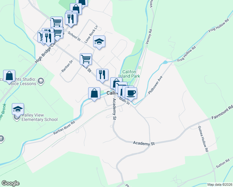 map of restaurants, bars, coffee shops, grocery stores, and more near 74 Main Street in Califon