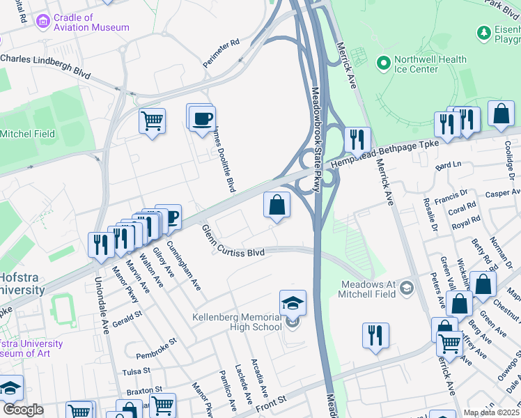 map of restaurants, bars, coffee shops, grocery stores, and more near 215 RXR Plaza in Uniondale