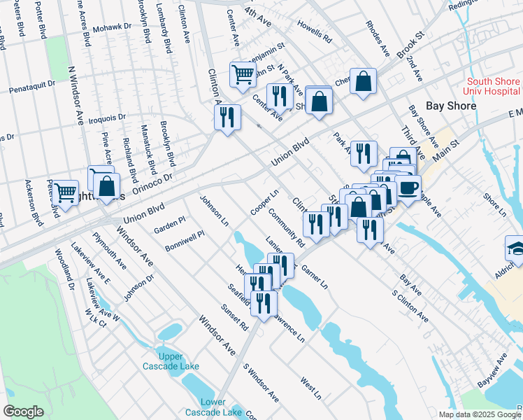 map of restaurants, bars, coffee shops, grocery stores, and more near 38 Community Road in Bay Shore