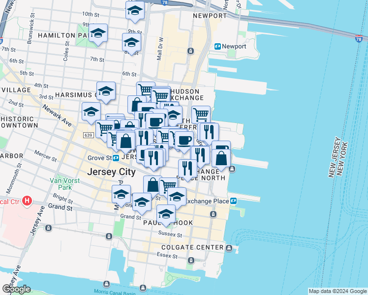 map of restaurants, bars, coffee shops, grocery stores, and more near Washington Street in Jersey City
