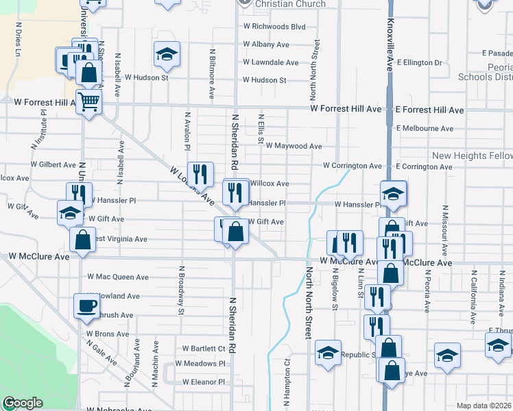 map of restaurants, bars, coffee shops, grocery stores, and more near 611 West Hanssler Place in Peoria