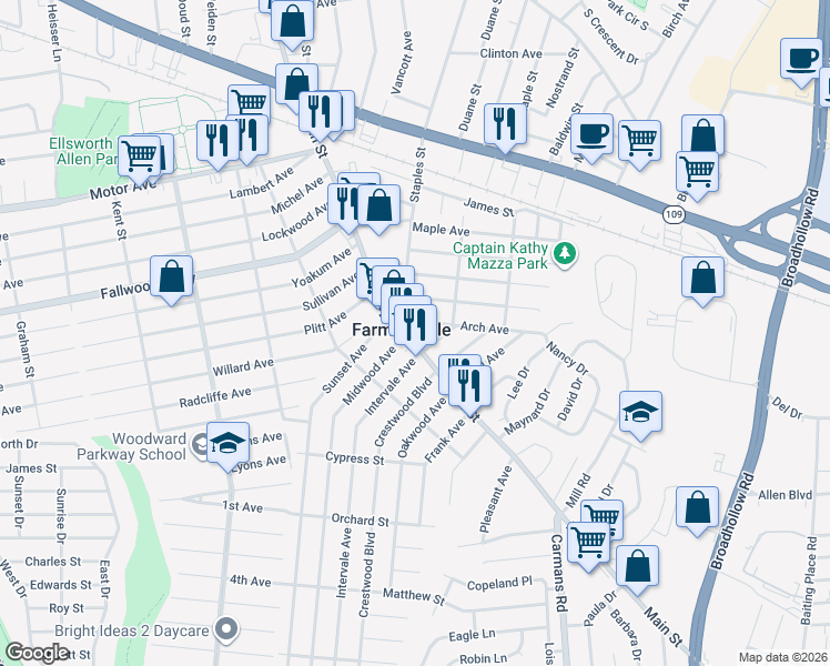 map of restaurants, bars, coffee shops, grocery stores, and more near in South Farmingdale