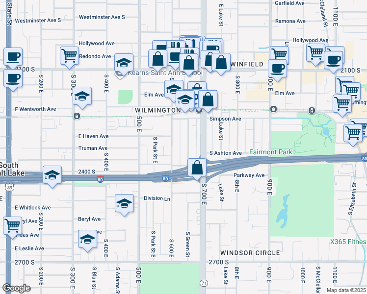 map of restaurants, bars, coffee shops, grocery stores, and more near 2324 South Green Street in Salt Lake City