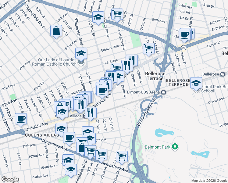 map of restaurants, bars, coffee shops, grocery stores, and more near 222-1 Jamaica Avenue in Queens