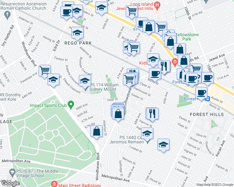 map of restaurants, bars, coffee shops, grocery stores, and more near 67-50 Thornton Place in Queens