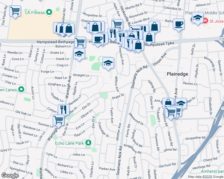 map of restaurants, bars, coffee shops, grocery stores, and more near 3865 Miller Place in Levittown