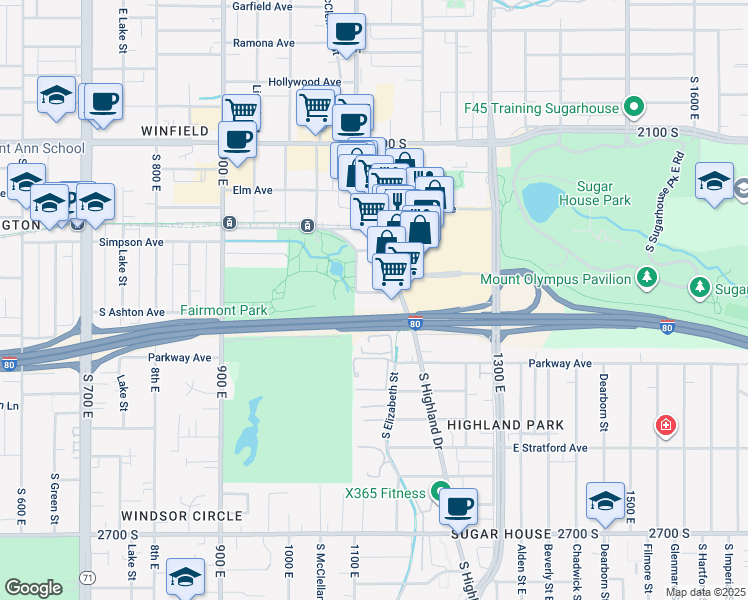 map of restaurants, bars, coffee shops, grocery stores, and more near 1104 South Ashton Avenue in Salt Lake City
