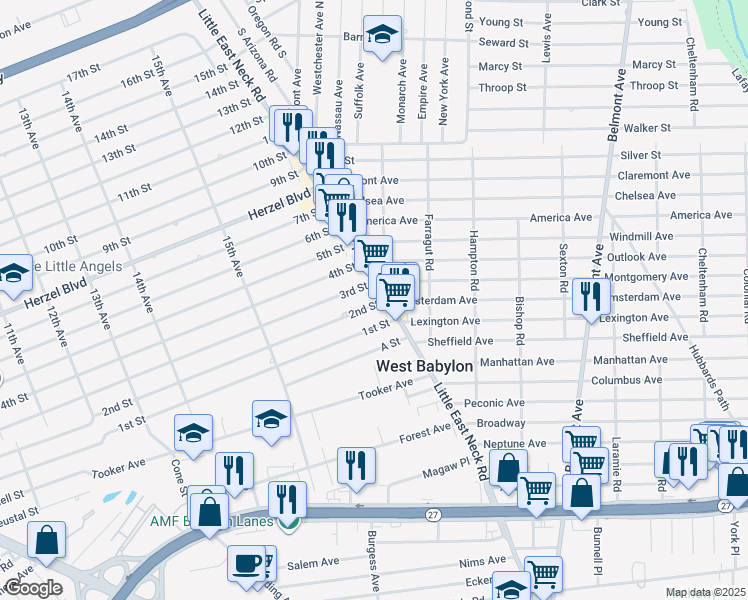 map of restaurants, bars, coffee shops, grocery stores, and more near 943 Little East Neck Road in West Babylon