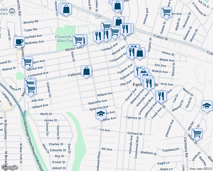 map of restaurants, bars, coffee shops, grocery stores, and more near 104 Sullivan Avenue in Farmingdale